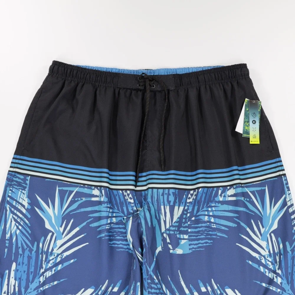 Burnside Mens‎ Pocket Quick Dry Tropical Print Swim Trunks Shorts Black/Blue XL